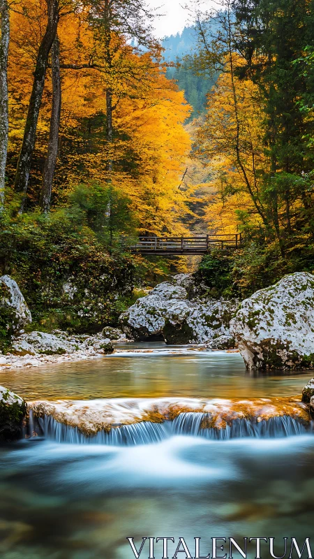 Autumn forest river with wooden bridge and rocky stream.