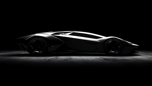 Low key profile render of faceted black hypercar concept.