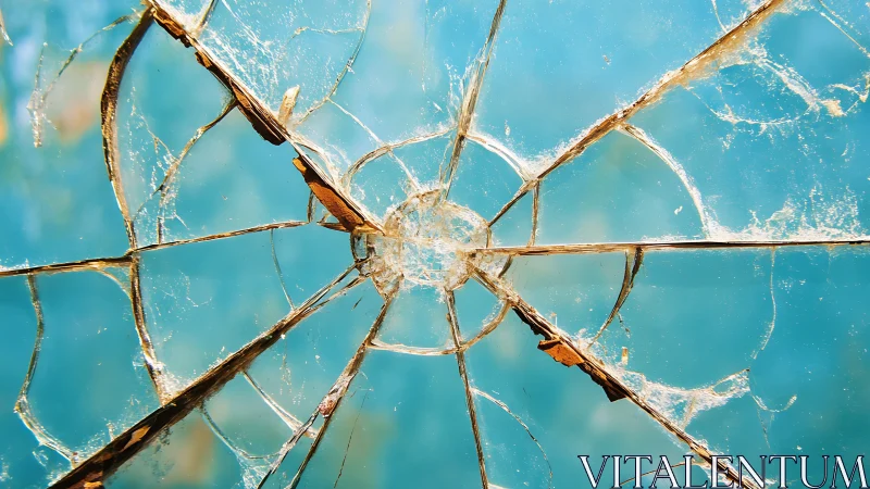 Radial fracture pattern in close-up broken glass surface.