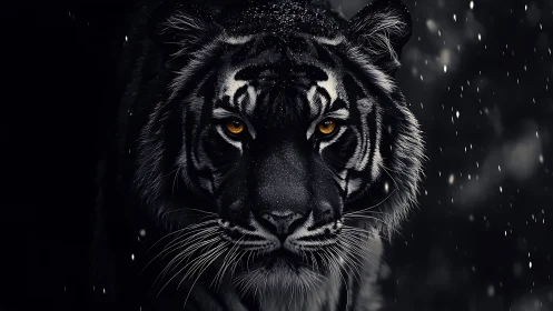 Black tiger portrait with golden eyes in snowfall night.