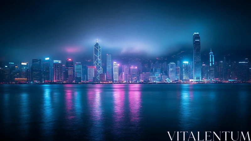 Neon-lit waterfront skyline is reflected across calm harbor