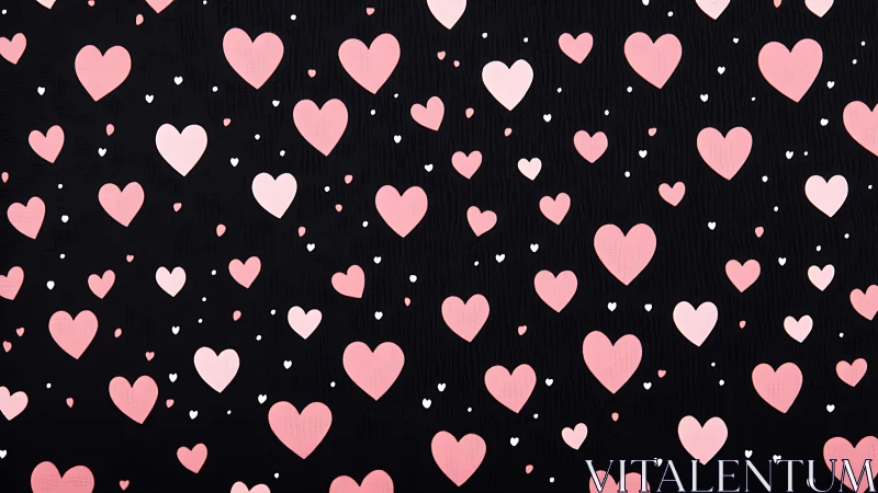 Scattered Pink Hearts Pattern on Black Background with Varied Sizing