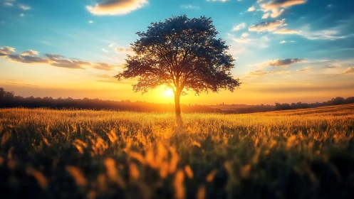 Solitary sunset tree crowned in fields of molten gold.