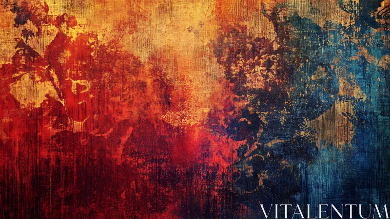 Vibrant Abstract Grunge Texture with Red, Blue, and Gold Tones.