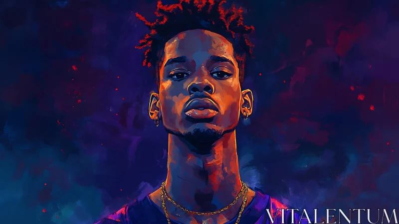 Bold portrait glowing in rich neon blues and oranges.