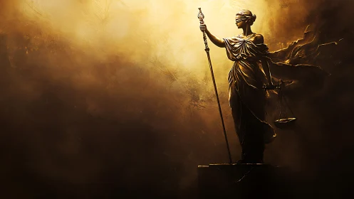 Blindfolded Lady Justice statue stands in golden light