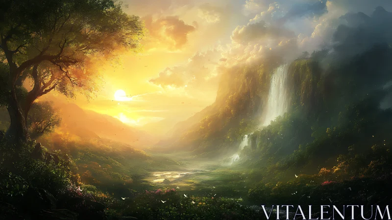 Luminous valley sunrise with cascading waterfalls, digital painting.