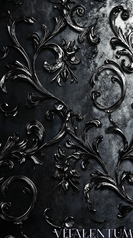 Dark baroque floral relief on textured metallic surface.