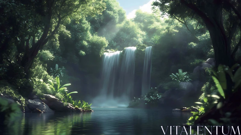 Tropical Waterfall Sanctuary with Ethereal Mist