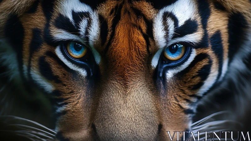 Tiger face fills frame with sharp focus on intense eyes