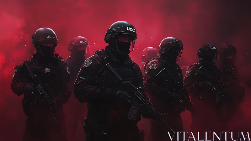 Heavily armed tactical squad advancing through red smoke.