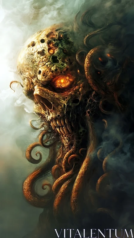 Skull-like entity with tentacles emerging from dense vapor.