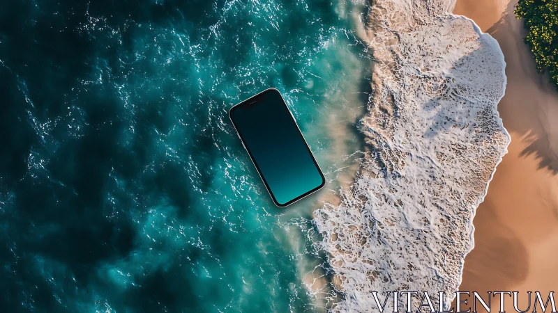 Tidal waves cradle a floating smartphone in teal surf