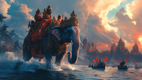 Regal war elephant leads radiant procession through surf.