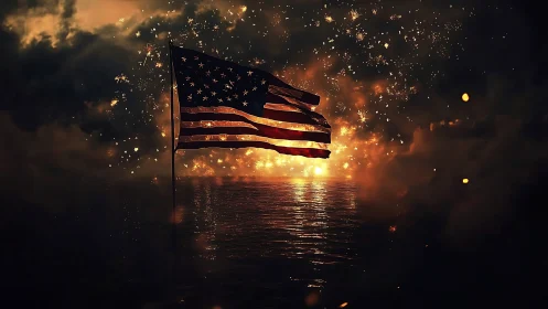 American flag ripples over dark water amid explosive light