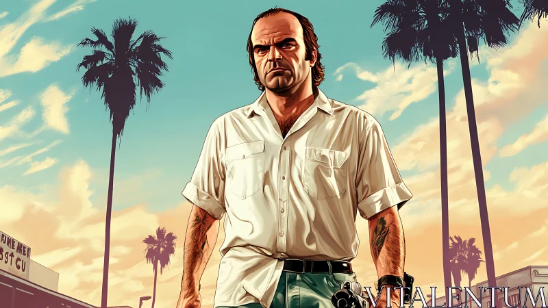 Tough criminal strides through neon-tinted palm street scene.