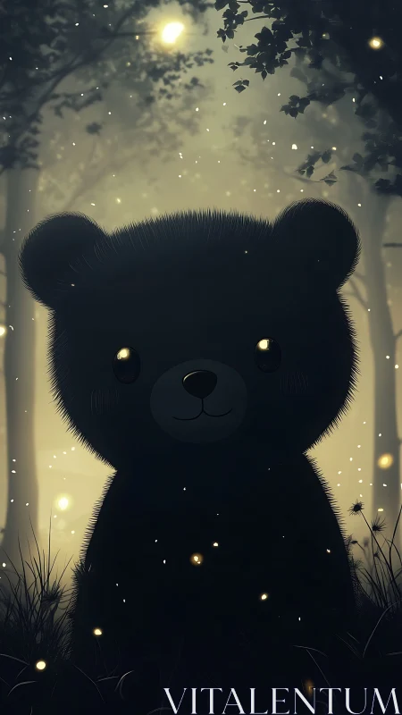 Backlit cartoon bear silhouette in glowing nocturnal forest