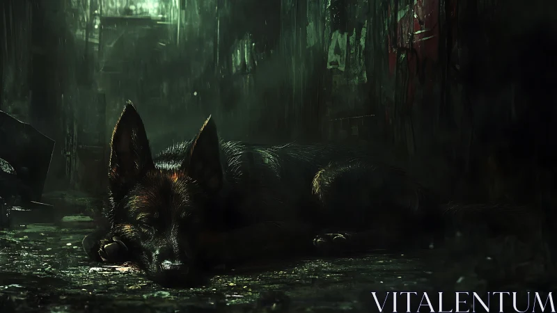 Rain-soaked alley turns guard dog into a silent, glowing shadow