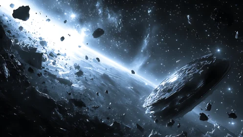 Orbital debris field with large disc spacecraft over planet.