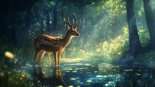 Stag in luminous forest glade beside reflective stream at dawn.