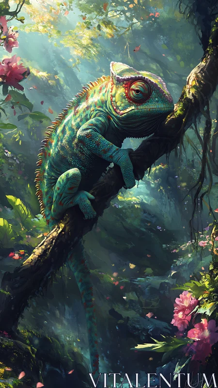 Iridescent chameleon resting in lush, sunlit forest canopy.