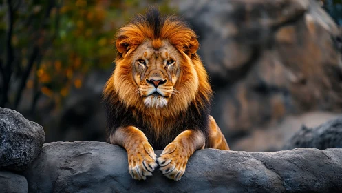 Male lion on rock ledge in controlled rocky habitat.