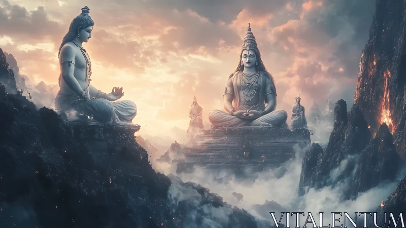 Serene mountain deities resting above a glowing misty world.