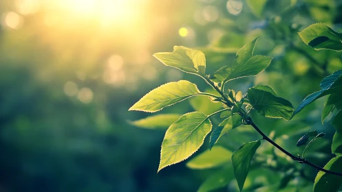 Sunlit Green Leaves Close-Up in Soft Focus Nature Photography.