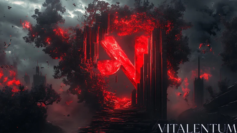 Fiery Dota symbol ignites a stormy, post‑apocalyptic skyline.