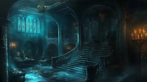 Gothic mansion hall under eerie teal moonlit glow.