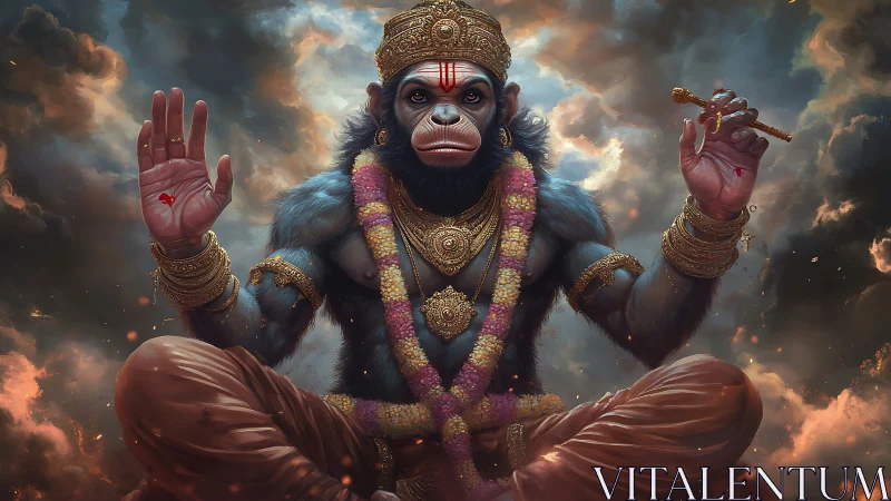 Digital painting of divine simian deity in storm-lit clouds.