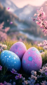 Colored eggs among flowers in a blurred spring landscape.