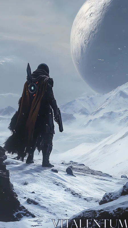 Lone sci-fi wanderer on icy alien ridge under huge moon.