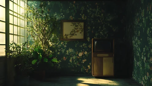 Vintage television and plants in patterned interior corner.