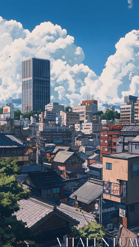 Layered Japanese cityscape rises beneath towering summer clouds.