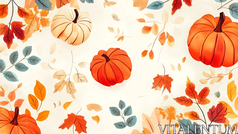 Playful pumpkins drift among watercolor autumn leaves