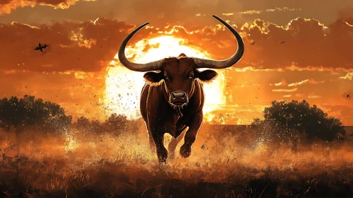 Charging bull silhouette cuts blazing desert sunset sky.