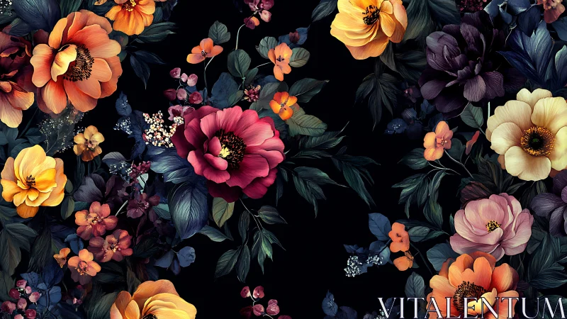 Dark Floral Arrangement: Vibrant Blooms Against Black.