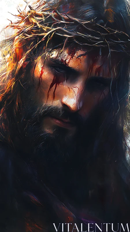 Solemn crowned figure bathed in shadowed, tender light.