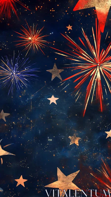 Firework bursts and metallic stars overlay dark night sky