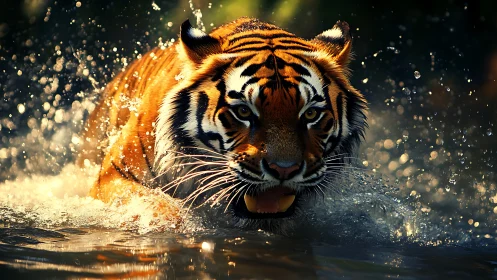 Roaring river tiger racing through sunlit jungle water.