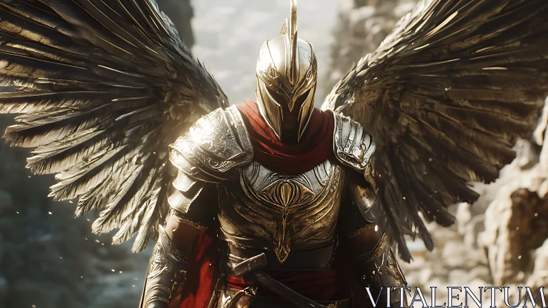 Winged golden warrior stands armored in rocky canyon light