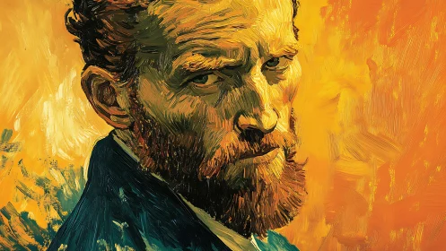 Expressive impasto portrait with radiant warm ground treatment.