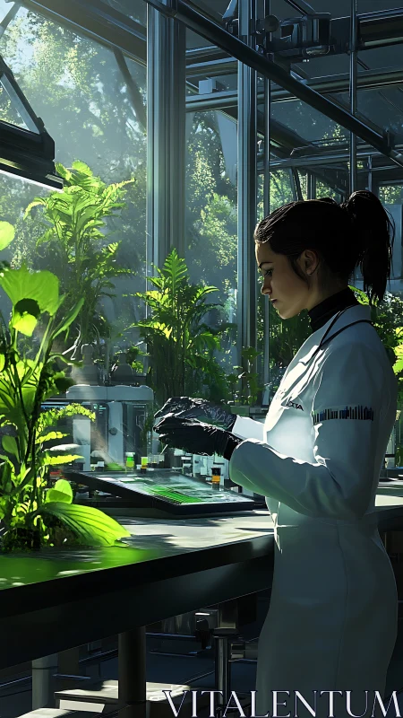 Scientist studies bioluminescent plants inside luminous lab