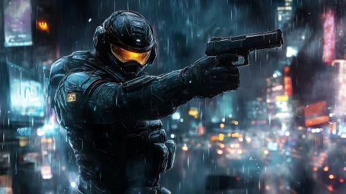Armored soldier with handgun in rainy urban night scene.