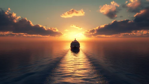 Photorealistic cruise liner at sunset on calm open sea horizon.