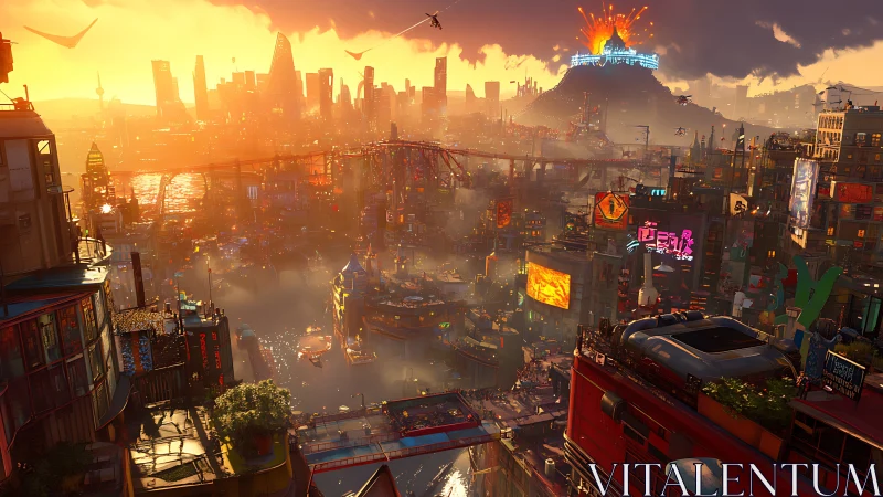 Sunlit cyberpunk cityscape surrounds erupting distant volcano