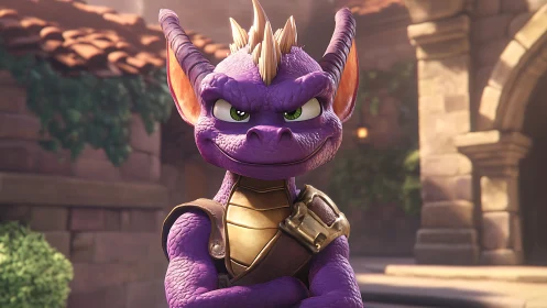 Stylized purple dragon hero in medieval courtyard, 3D render