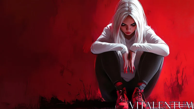 Digital painting of tense girl on red field, low-angle focus.