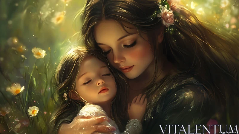 Digital rendering depicts maternal figure with child amid luminescent flora in warm chromatic palett